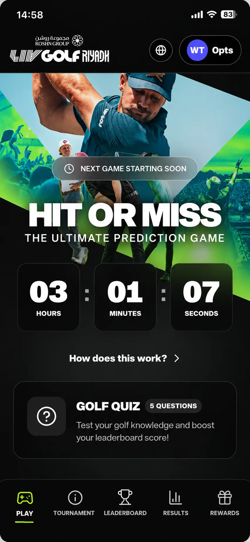 LIV Golf Riyadh app: Hit or Miss prediction game countdown to the next game, with a golf quiz