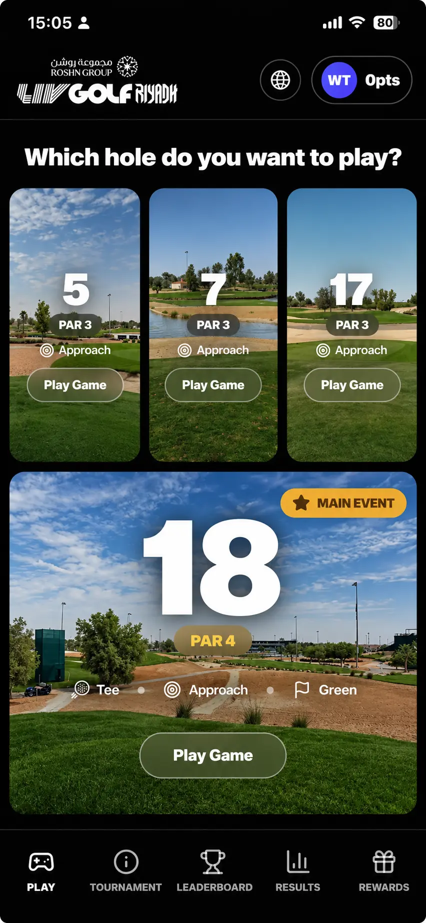 LIV Golf Riyadh app: choose which hole to play - holes 5, 7, 17 and the main-event 18th