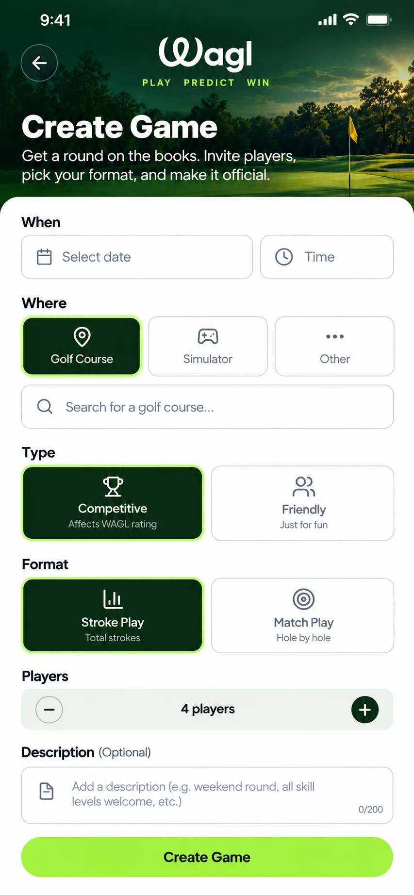WAGL golf app: create a game - pick date, course or simulator, competitive or friendly, and format
