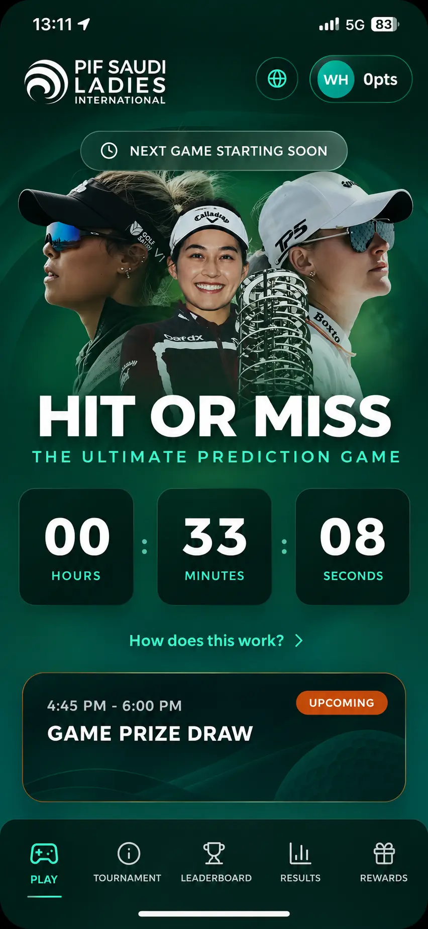 PIF Saudi Ladies International app: Hit or Miss prediction game countdown and upcoming prize draw