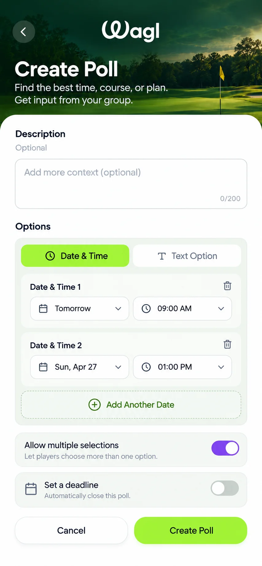 WAGL golf app: create a poll so your group can vote on the best date and tee time