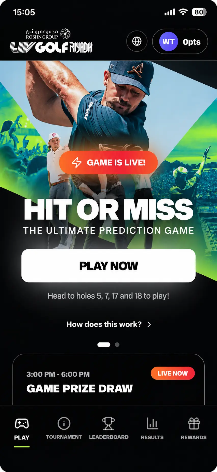 LIV Golf Riyadh app: Hit or Miss game is live, with a Play Now button and game prize draw
