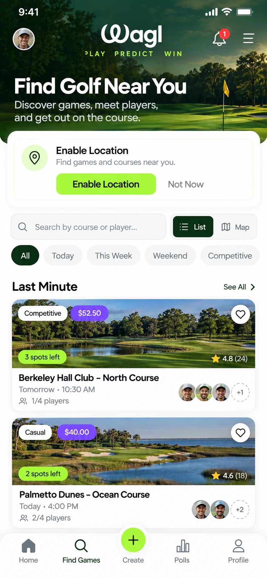 WAGL golf app: find golf near you - last-minute games with open spots at nearby courses