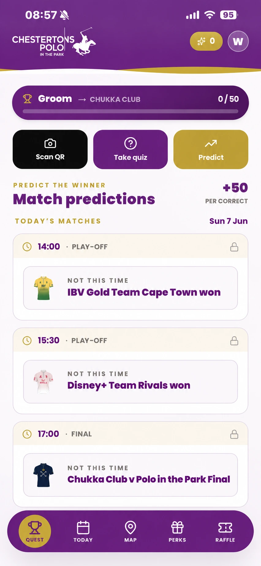 Chestertons Polo in the Park app: predict-the-winner match predictions, plus Scan QR and Take quiz