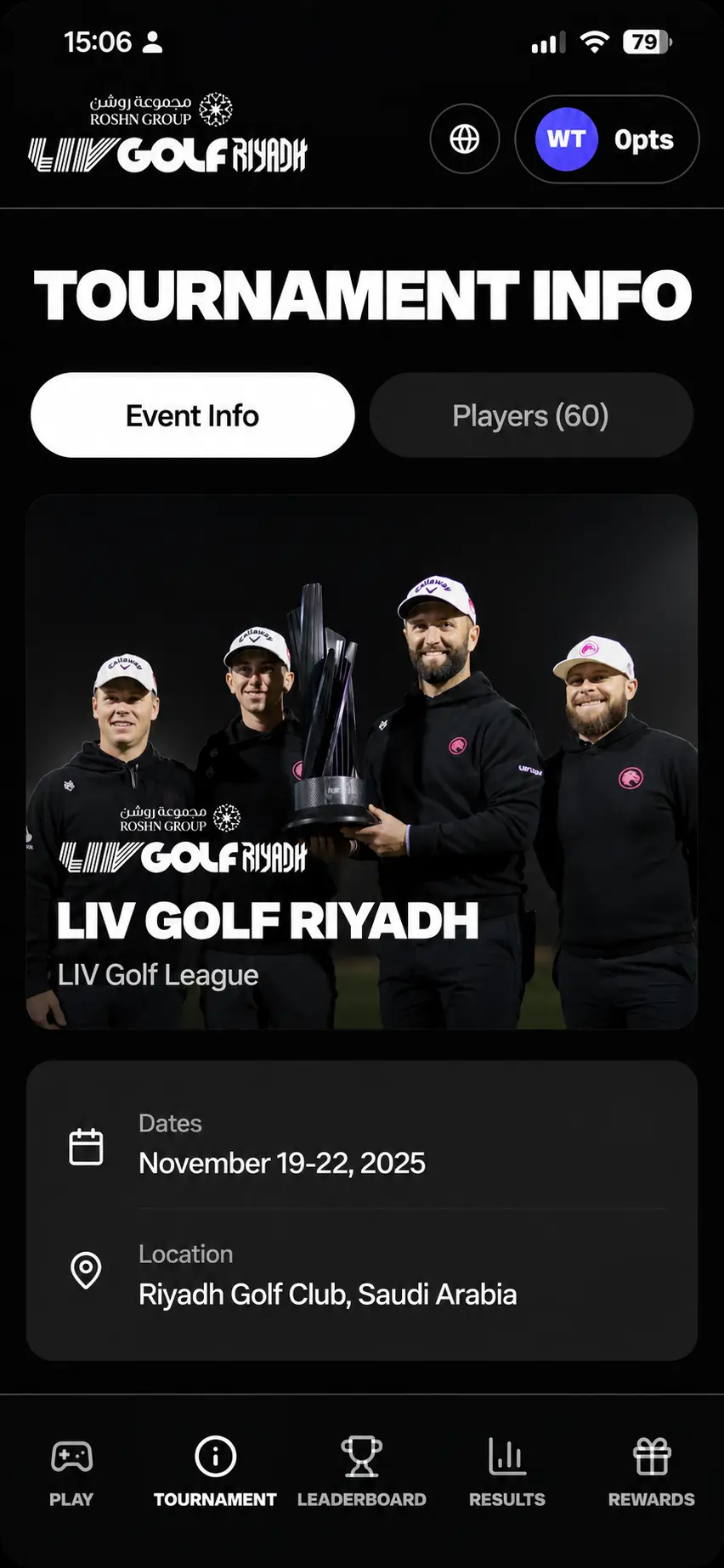 LIV Golf Riyadh app: tournament info with event dates and location at Riyadh Golf Club