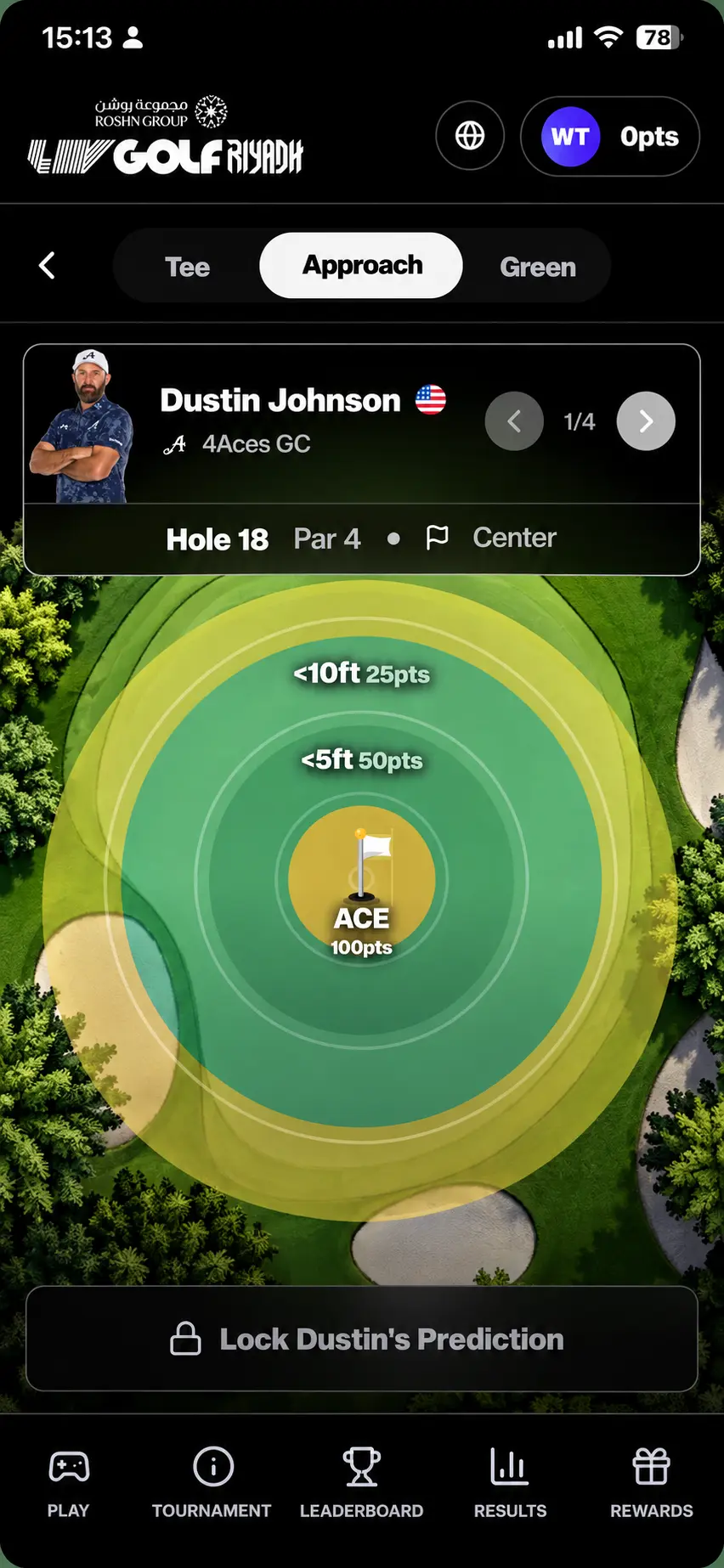 LIV Golf Riyadh app: approach-shot prediction, picking how close a player lands to the pin