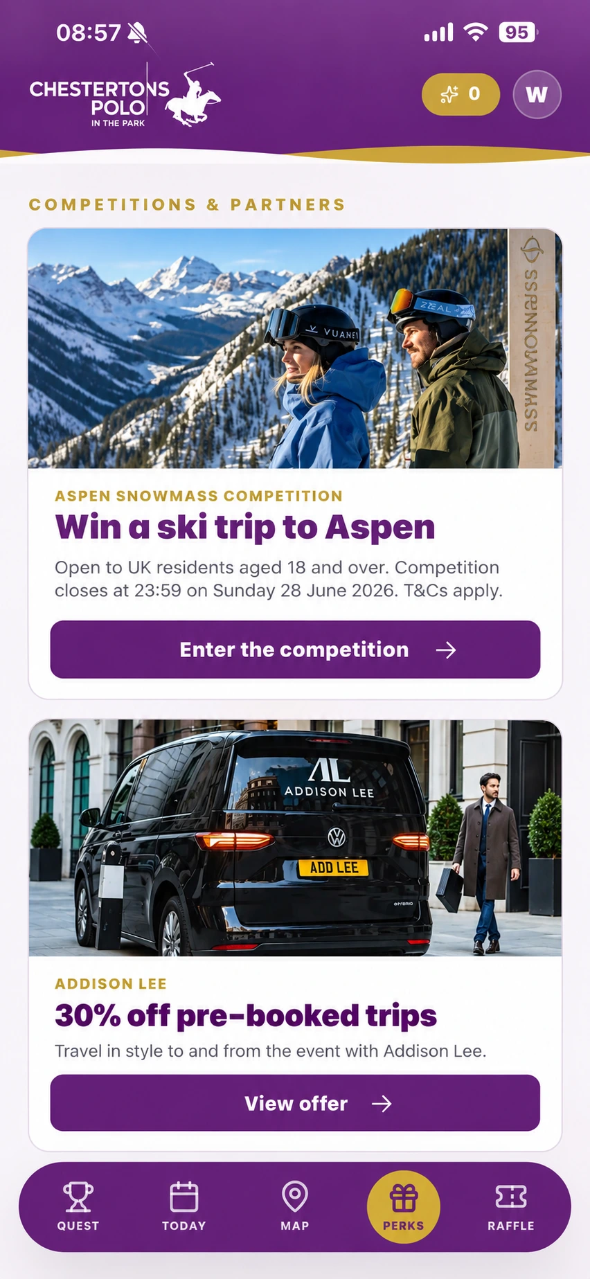 Chestertons Polo in the Park app: partner competitions and offers, including a ski trip to Aspen