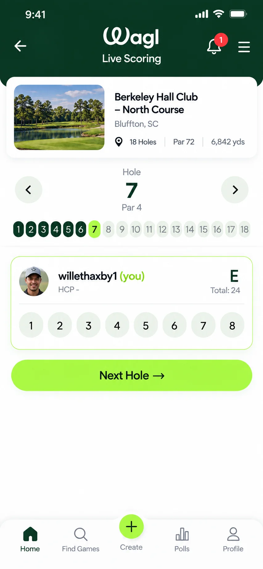WAGL golf app: live hole-by-hole scoring during a round