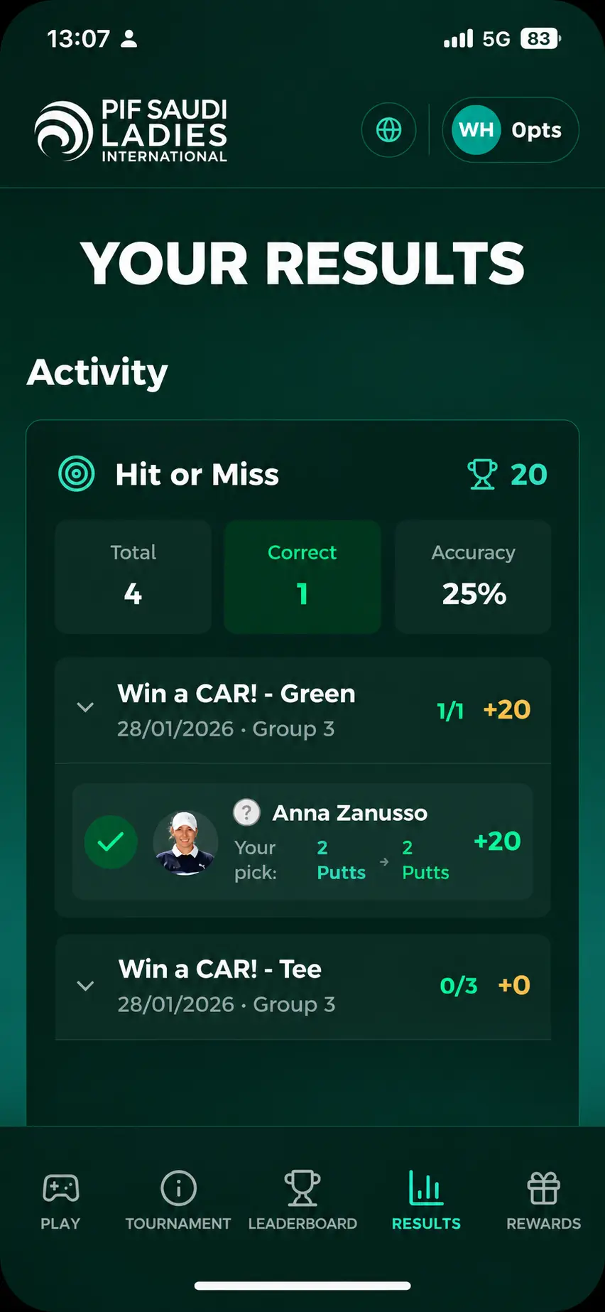 PIF Saudi Ladies International app: your results, with prediction accuracy and points earned