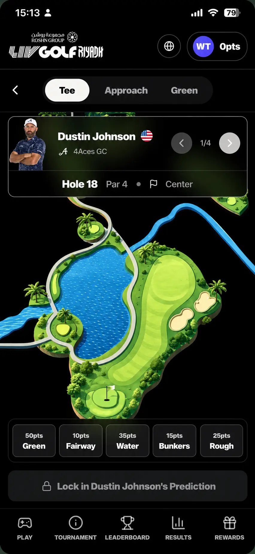 LIV Golf Riyadh app: tee-shot prediction on an illustrated hole map - green, fairway, water, bunkers or rough