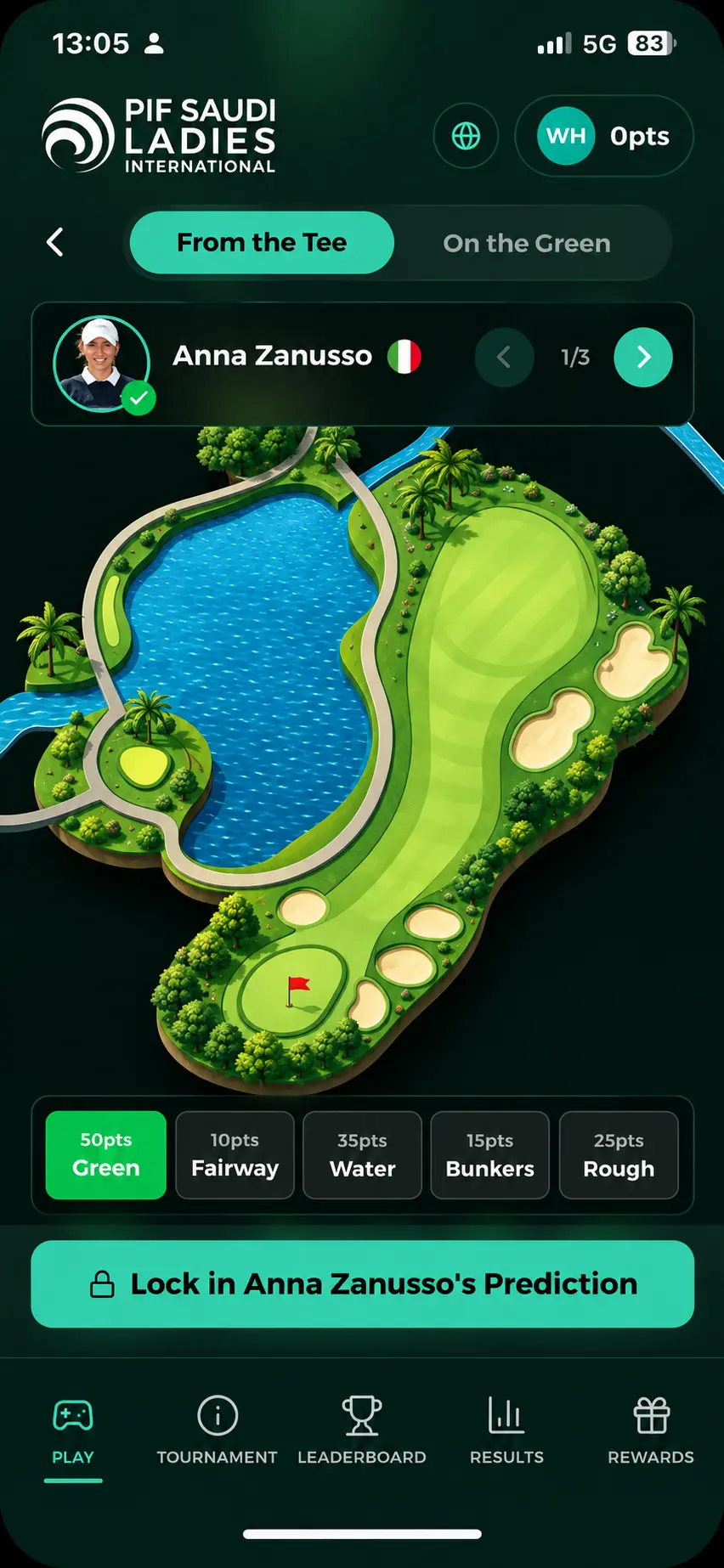 PIF Saudi Ladies International app: tee-shot prediction on an illustrated hole map