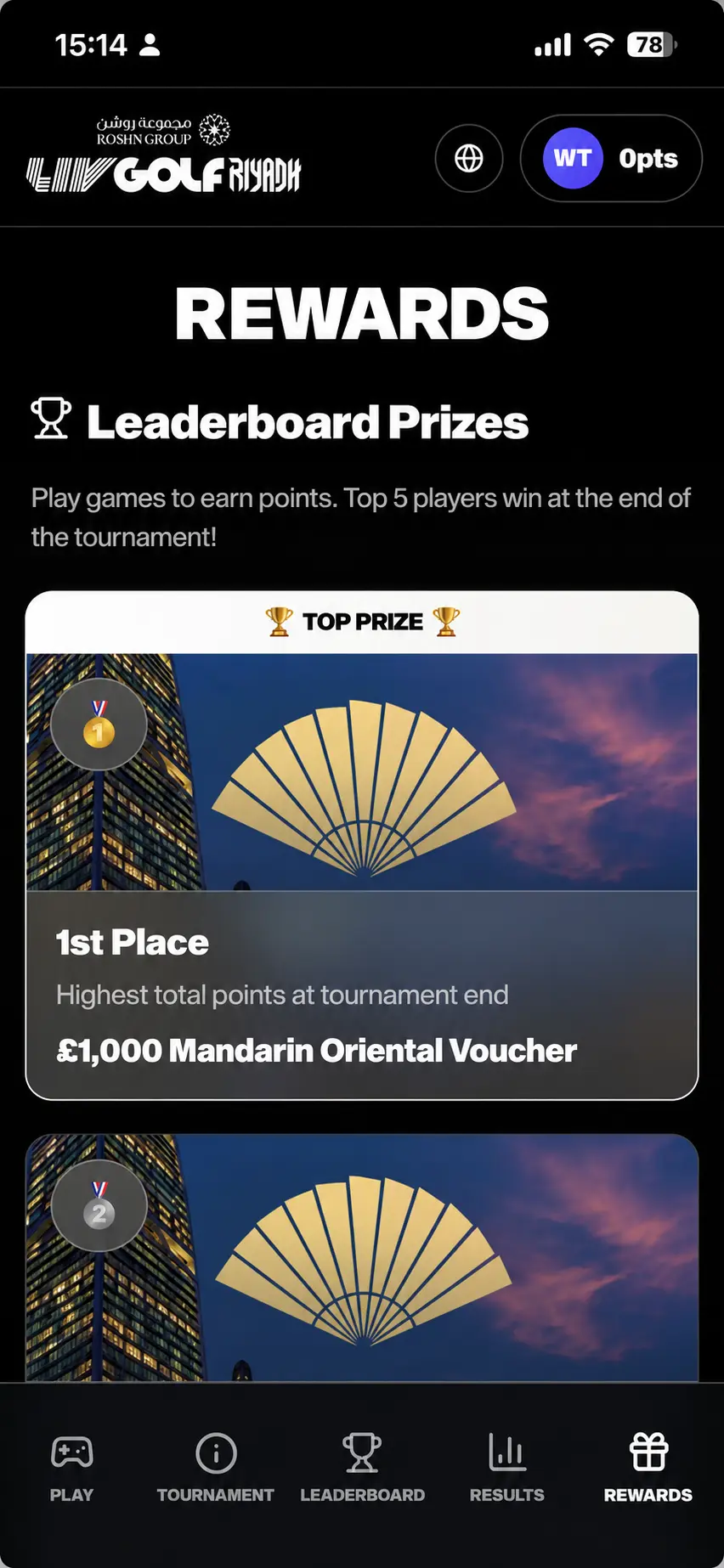LIV Golf Riyadh app: rewards screen showing leaderboard prizes for the top five players