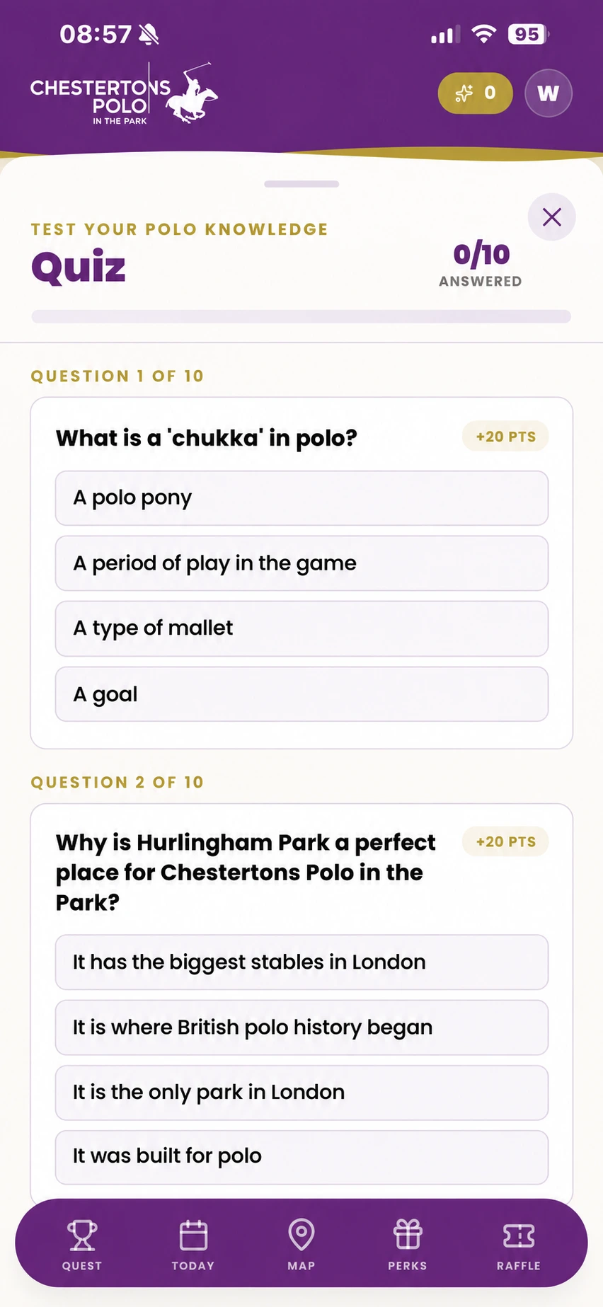 Chestertons Polo in the Park app: polo knowledge quiz with points for each correct answer